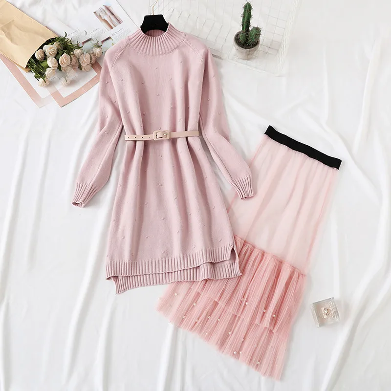 Модный женский трикотажный комплект с платьем осенне-зимний тонкий милый