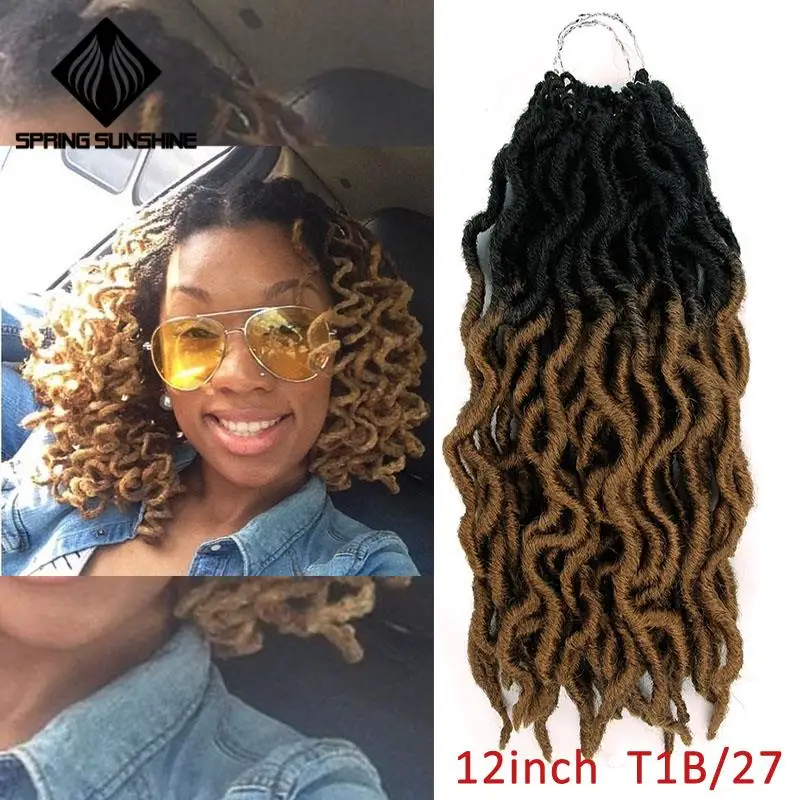 12 18 дюймов Nu Locs Goddess Faux Locs Curly Ombre плетение волос мягкие косички синтетические вязанные крючком косы волосы Exntension