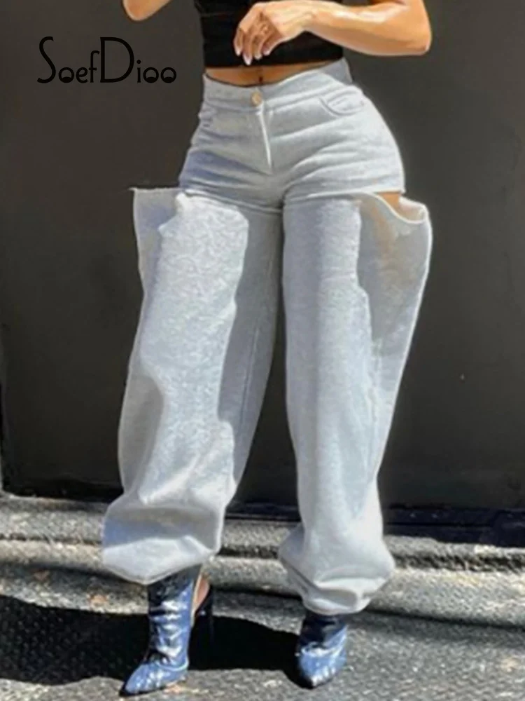 

Модные ажурные прямые брюки Soefdioo с высокой талией, серые широкие брюки, повседневные свободные спортивные брюки для женщин, зима 2021