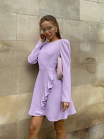 women vintage front ruffled a line party dress long sleeve o neck solid elegant casual mini dress 2021 autumn new fashion dress