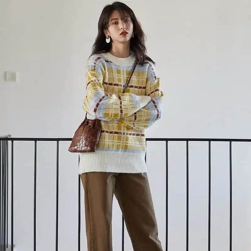 

NiceMix Autumn and Winter Female Loose Lazy Casual Style Striped Sweater O-neck Long Sleeve Contrast Color Knitted Sweater