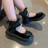 kid pu leather shoes girls princess shoes pearl 2022 autumn new non woven elastic casual shoes hot sweet for wedding breathable