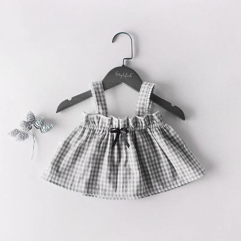 

Cute Style Summer Clothes Gray Plaid Sling Suit Female Baby Big Polka Dot Three-piece New Baby Clothes