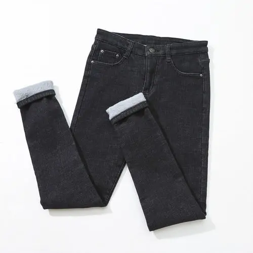 black-gray velet Плюс вельветовые джинсы женские повседневные брюки джинсы с высокой талией узкие брюки с эластичной резинкой на талии модные джинсовые брюки зимние теплые большие размеры 34 - Цвет: black-gray velet