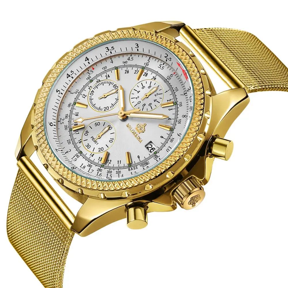 Мужские кварцевые часы ORKINA из нержавеющей стали с золотым и покрытием сетчатый