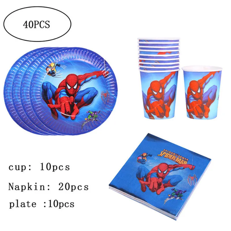 40pcs set Украшения для дня рождения с человеком-пауком, детские синие бумажные тарелки и стаканы, топпер для торта для мальчиков, детский душ, пол, вечерние товары - Цвет: 40pcs set