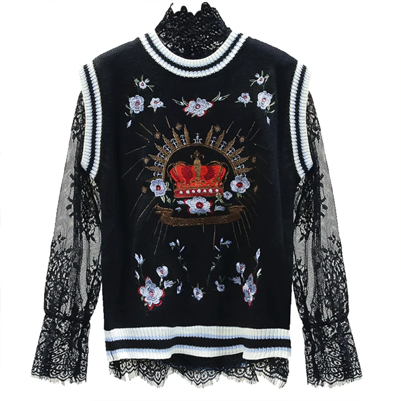 

New women chiffon long sleeve thin lace embroidered waistcoat two piece ice silk sweater women s top