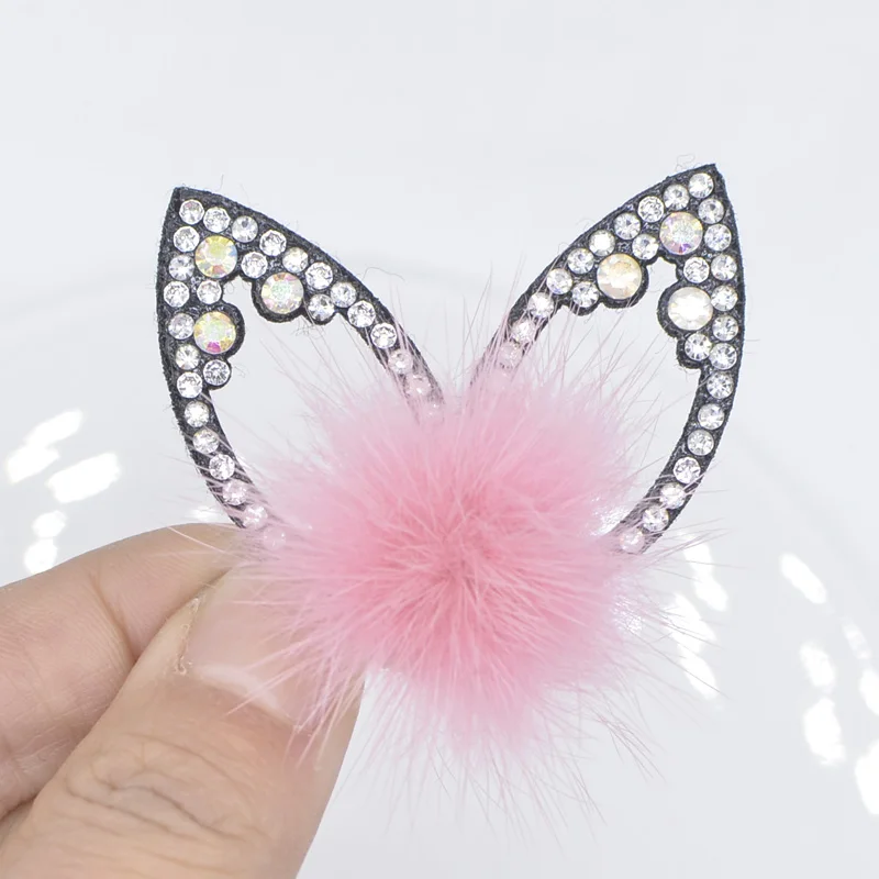 

12Pcs Rhinestone Crystal Rabbit Ears with Mink Fur Ball Padded Patches Stick-on Shoes Garment Bags Hair Clips Accessories P01
