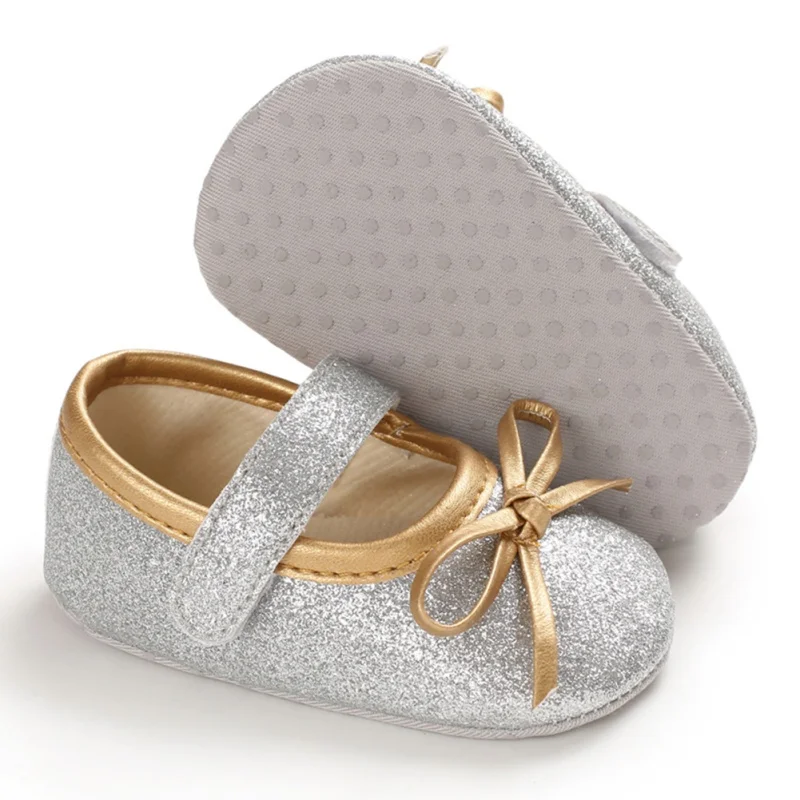 Mocasines de princesa para beb&eacute; y ni&ntilde;a, zapatos para reci&eacute;n nacido, con lazo bonito, zapatos de lentejuelas, suela suave de cuero Pu, primeros pasos-4