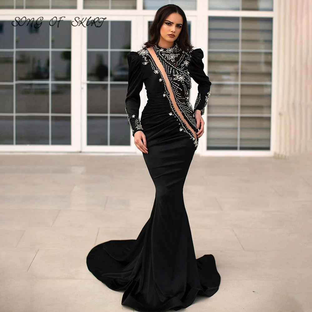 

Черные женские вечерние платья с пышными длинными рукавами, соблазнительное Прозрачное платье-Русалка с кристаллами, вечернее платье для в...