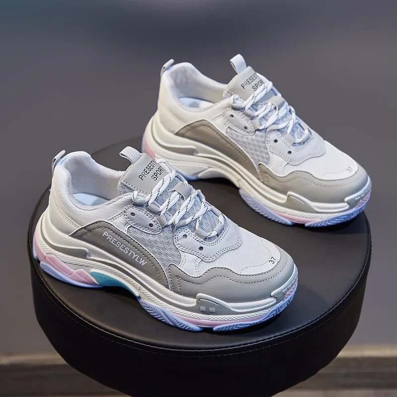 

2021 Spring New Women Casual Sneakers Girl Student Trend Color Patchwork Lace-up Casual Sport Dad Shoes Trainers 3 Colors