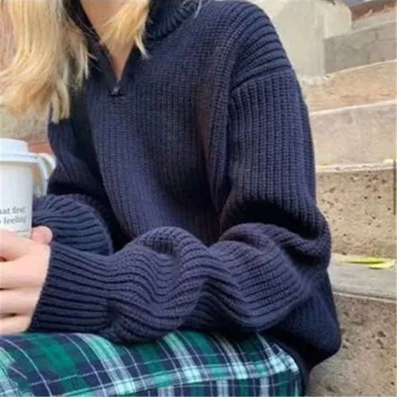 

Women Zipper Front Chunky Knit Jumper Casual Knit Top Fashion Sweater Aesthetic