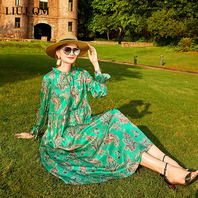 

Plus size Long sleeve Dress Summer Women 2021 Stand-up Collar Loose Print Floral Dress For Women Beach Dresses Casual Vestidos