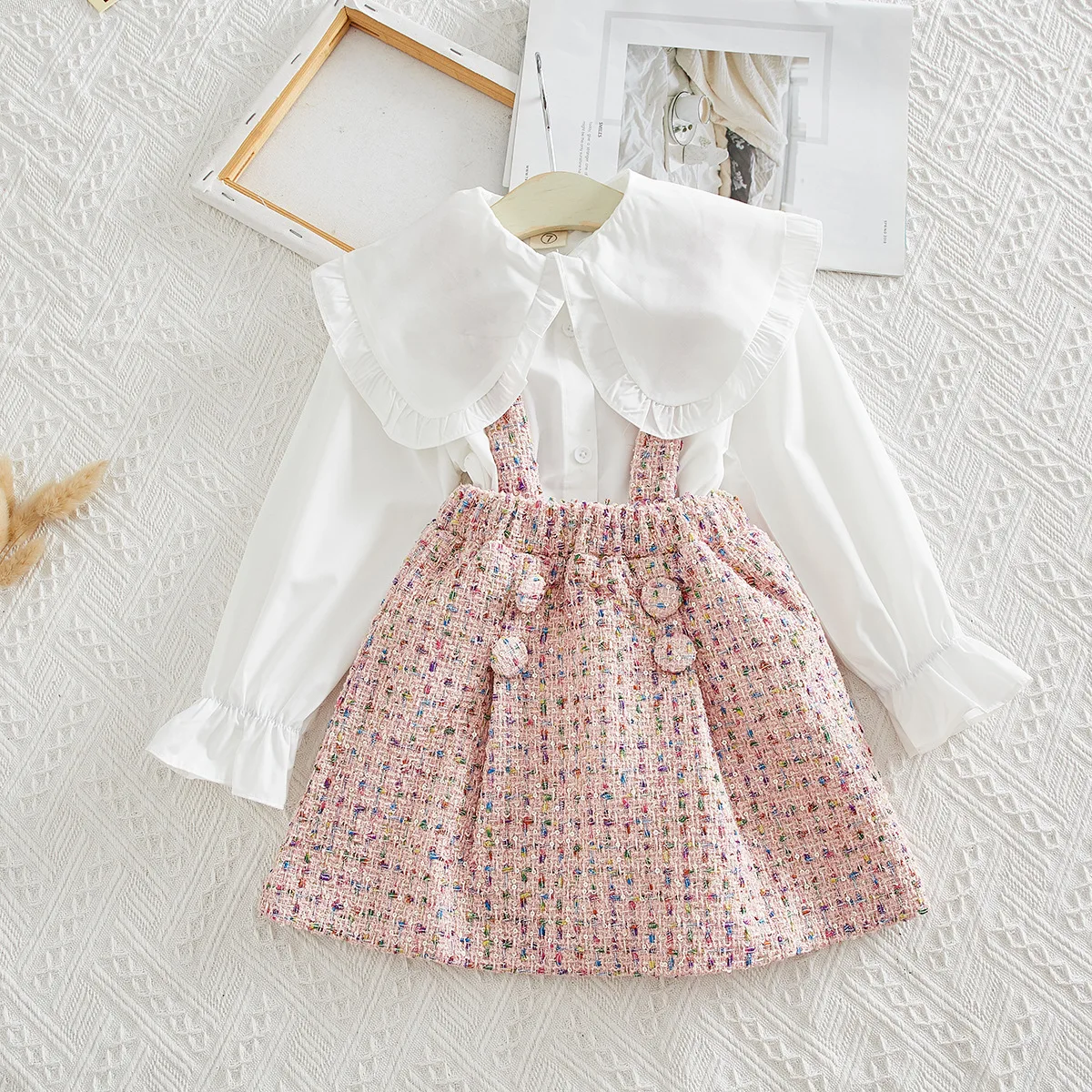 Модная белая блузка для девочек, рубашка и розовый комбинезон, милая осенняя одежда для маленьких девочек, милый комплект одежды для детей