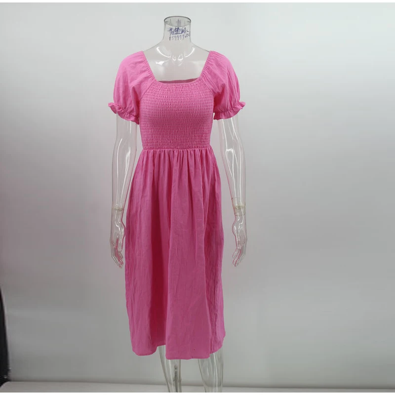 

Women Square Collar Midi Dress Solid Puff Sleeve Patchwork Side Split Dresses 2021 Summer Vacation Simple Style Lady Vestidos