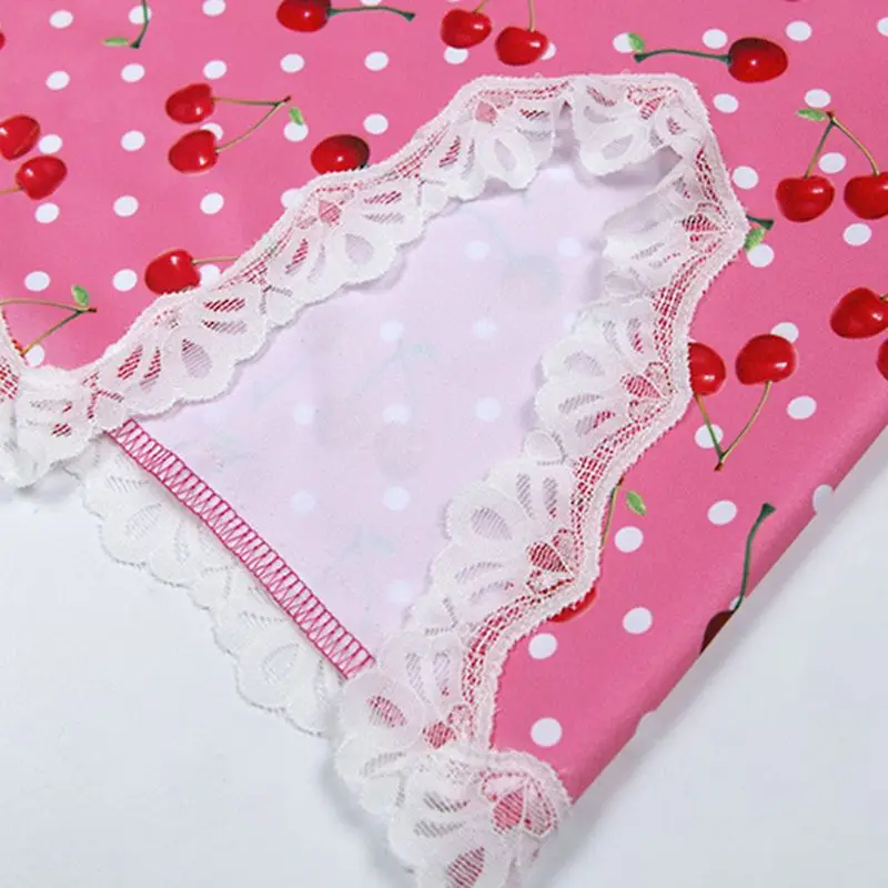 

Women Sleeveless Sexy V-Neck Slit Hem Pink Bodycon Mini Dress Cute Cherry Fruit Print Lace Patchwork Beach Clubwear