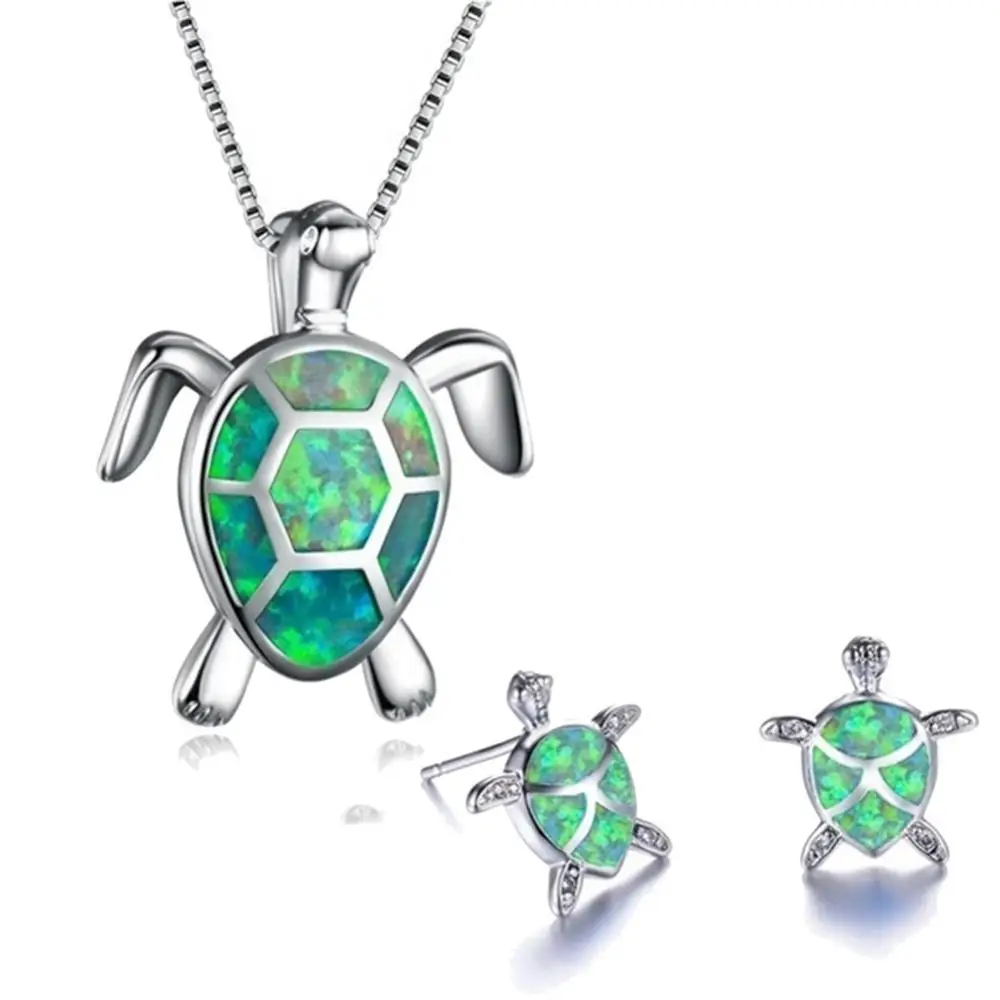 

Fashion Faux Opal Inlaid Turtle Pendant Necklace Hook Earrings Women Jewelry Set Offer Of Everything Decoration Chain 2021 Trend