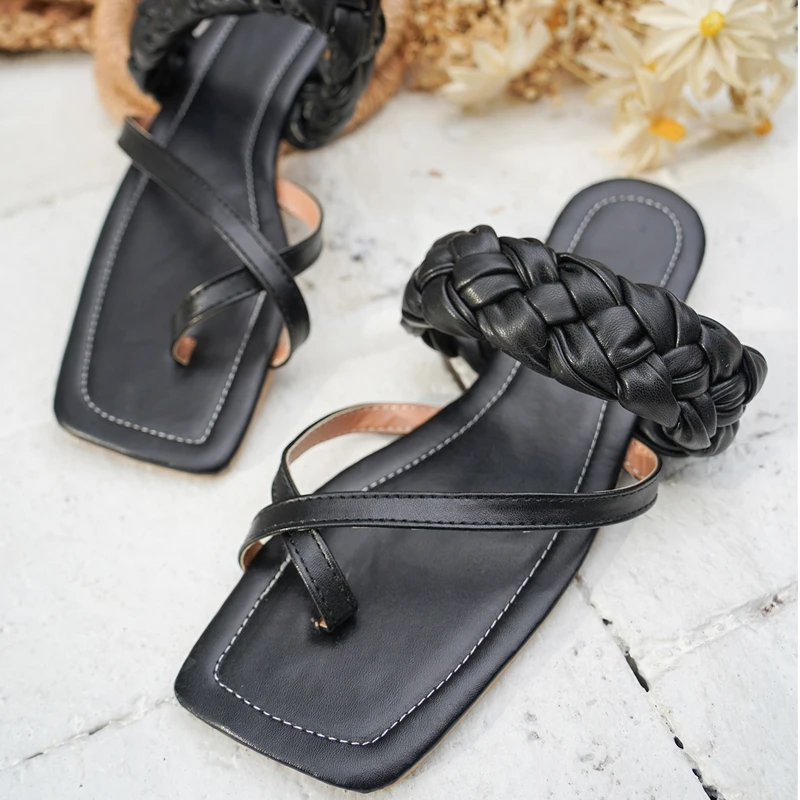 Шлепанцы женские кожаные сандалии на плоской подошве открытый носок