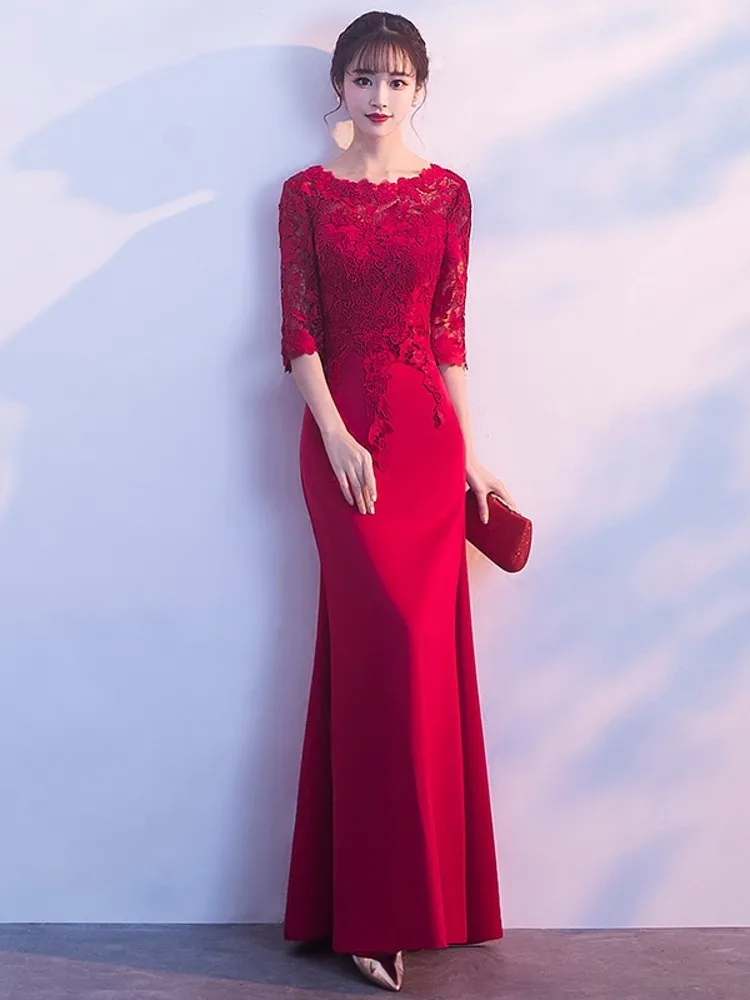 Picture Color Erosebridal вечернее платье с длинными рукавами для женщин, красные элегантные платья Русалочки, вечернее платье на молнии сзади, круглый вырез - Цвет: Picture Color