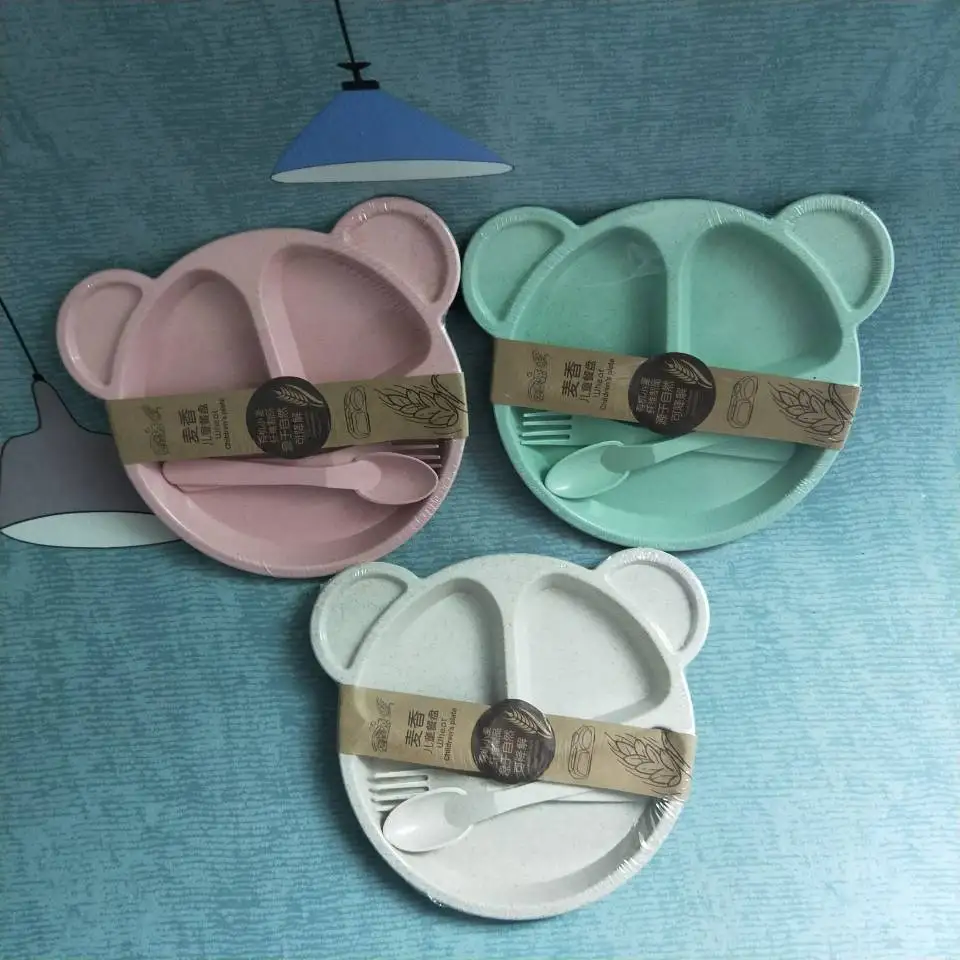 

Kids dishes wheat straw cartoon tableware set baby dinner plate feeding bowl set OPP Packaging