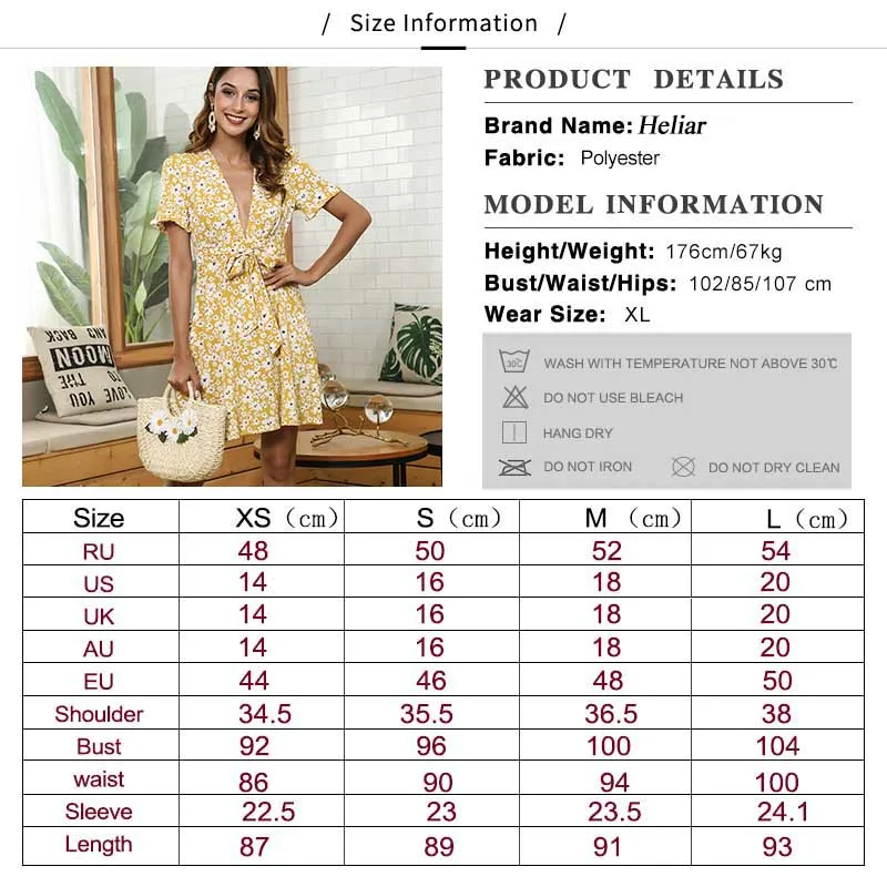 Женское платье с цветочным принтом HELIAR желтое глубоким v-образным вырезом и