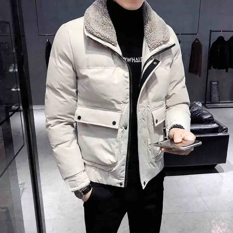 

EBAIHUI Men's Jacket For Winter Imitation Lambswool Liner Zip Up Coat Windbreaker Turn-down Collar Korean Fashion Warm Parkas