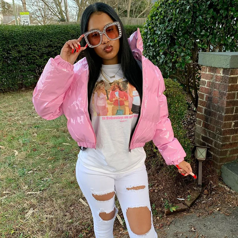 

Fashion Cute Women Bright PU Pink Puffer Jacket Winter Warm Bubble Coats Shiny Leather Parkas Down Zipper Cropped Jackets Parkas