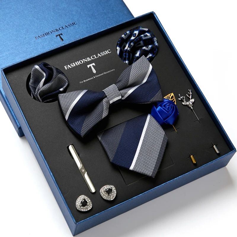 

Many Color Wholesale Jacquard Silk Tie Handkerchief Pocket Squares Cufflink Set Necktie Box Dot Dark Grey Man April Fool's Day