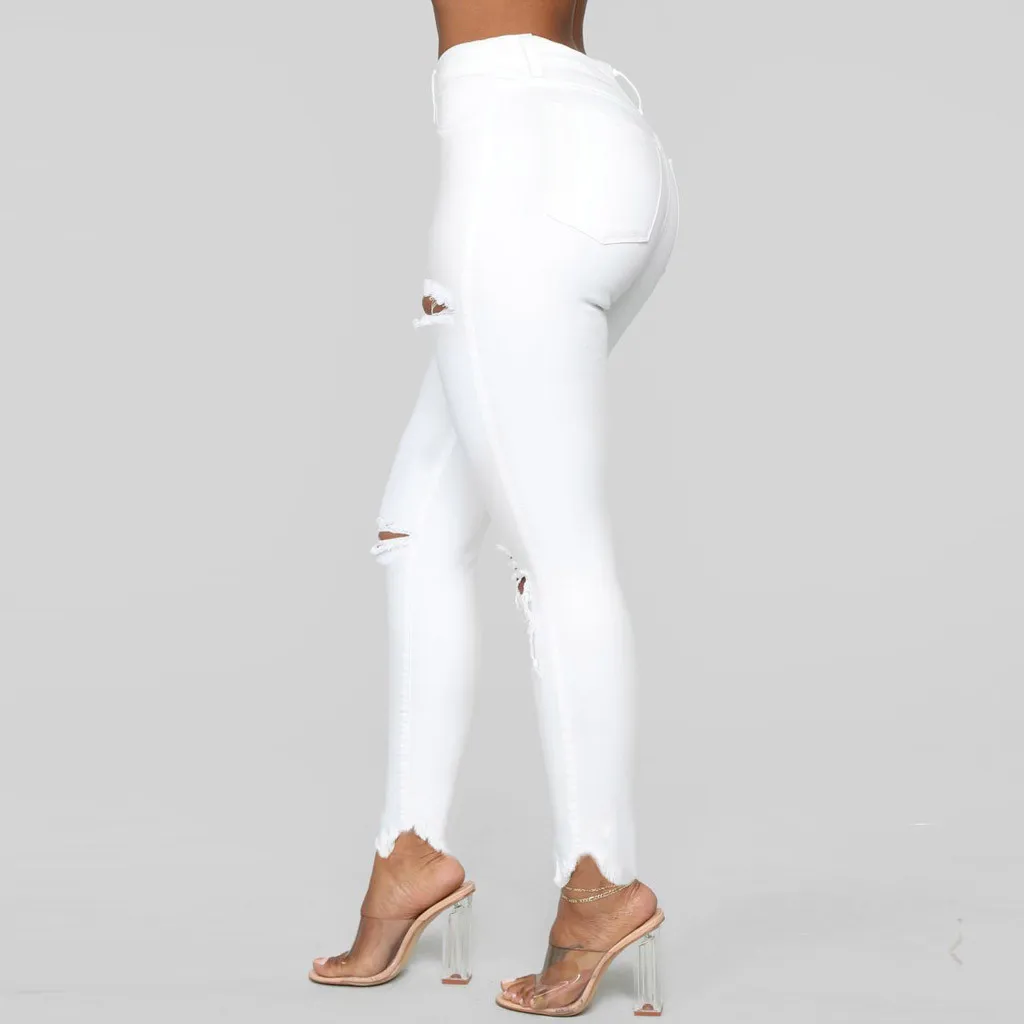 Женские рваные джинсы со средней талией узкие джинсовые длинные штаны с дырками