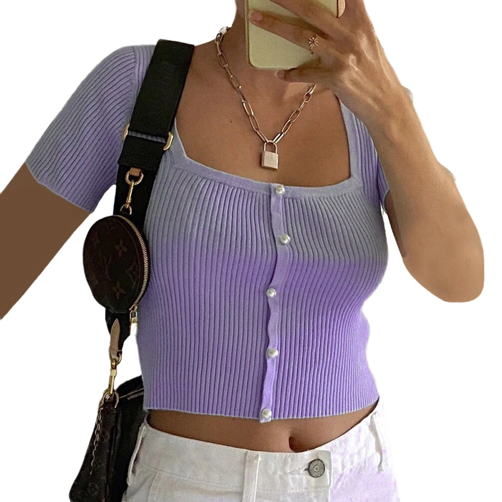 

Summer Fashion Female Tops Button-down Short Sleeve Knitted Slim Sexy Blouse V-neck T-shirt