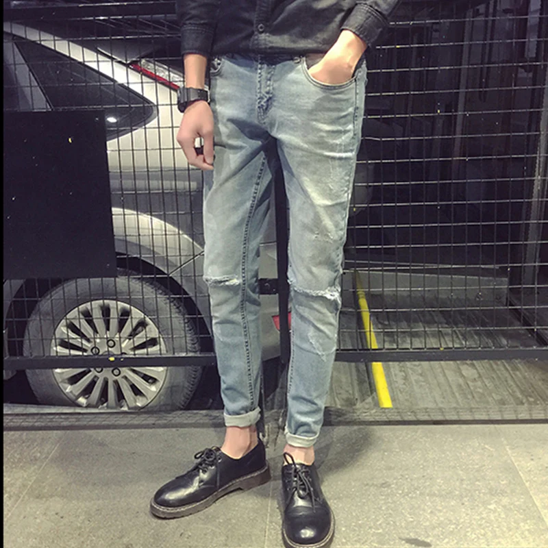 Отбеливающие Мужские джинсы в Корейском стиле эластичные штаны повседневные