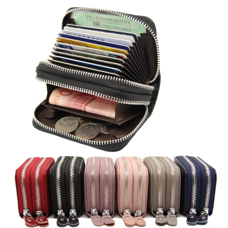 

Rfid Genuine Leather Card Holder For Women Fashion Doble Zipper Single Organ Cardholder With Coin Pocket Female Small Purse