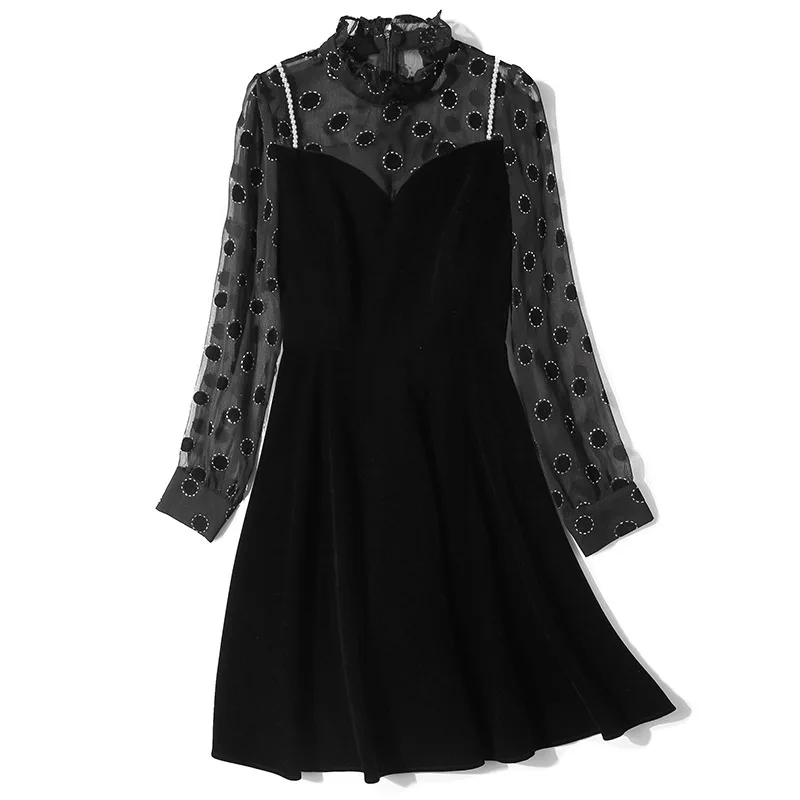 

New Retro wave point ladies' wooden ear stitched velvet dress in autumn 2020 slim A-line s176