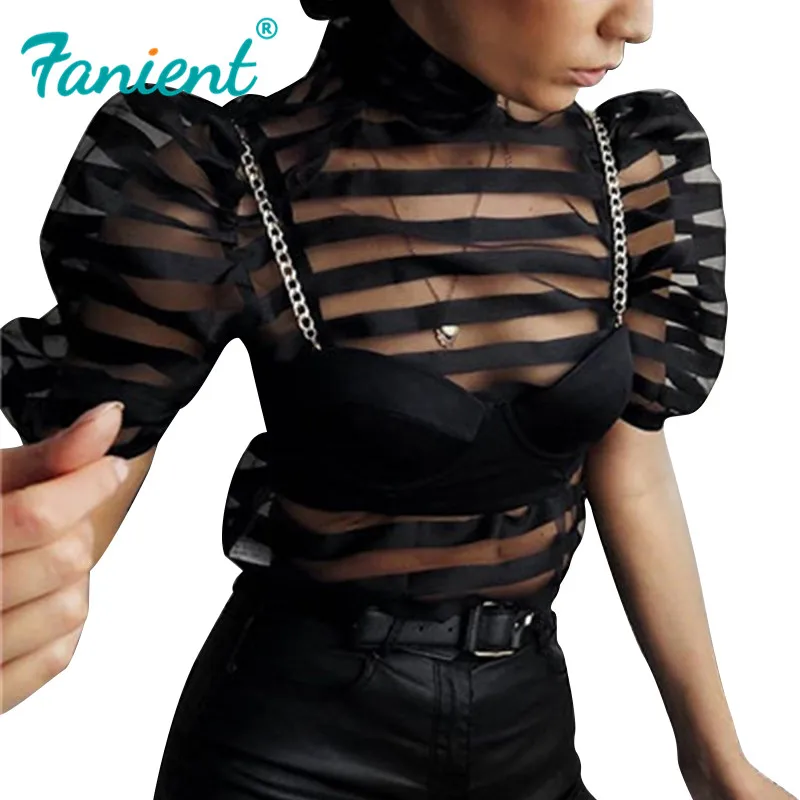 

Tunic women's blouse turtleneck bow mesh black sexy crop tops vintage feminine see-through club top perspective women's shirts