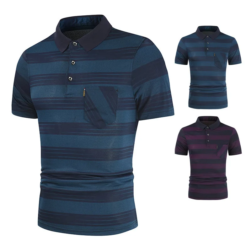 

2021 Summer Striped Mens Casual Business Short-sleeved Lapel Loose Large Size Mens T-shirt Breathable Mens Clothes -40