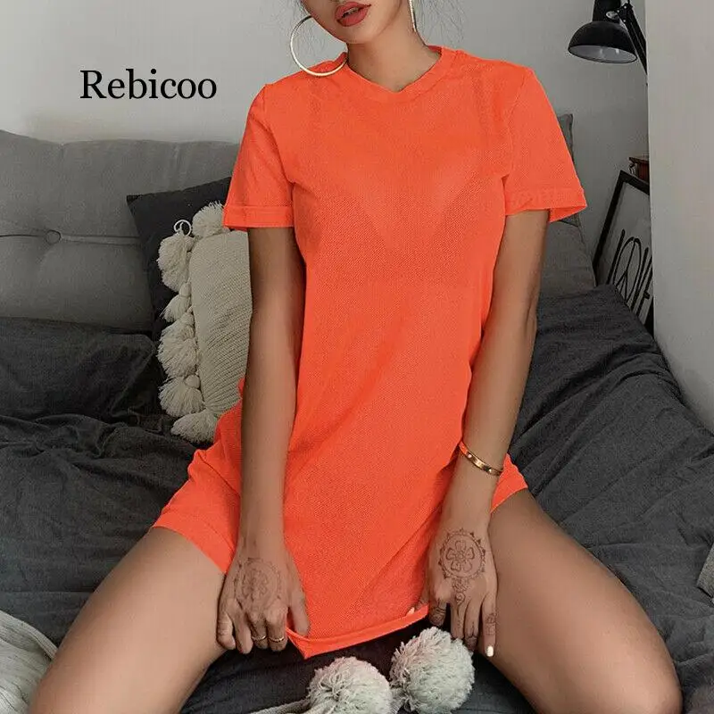

Local stock Screen Short Sleeve Perspective Women Neon Green O Neck Vintage Mesh Short Sleeve Tee Shirt Long Tshirts Beachwear