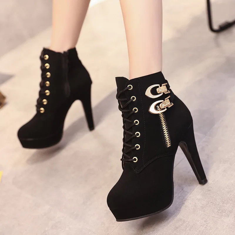

11CM High Heel Boots Platform Ankle Boots for Women Plus Size35-43 New Bukles Lace Up leather Boots Women Bottes En Cuir Femme