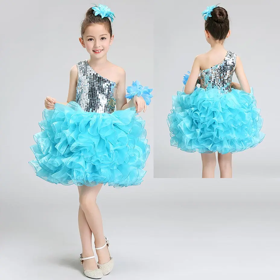 Enfant Robe De Mariage/Детские праздничные платья желтого цвета на одно плечо с бусинами и цветами для девочек; праздничные платья из тюля для маленьких девочек - Цвет: sky blue