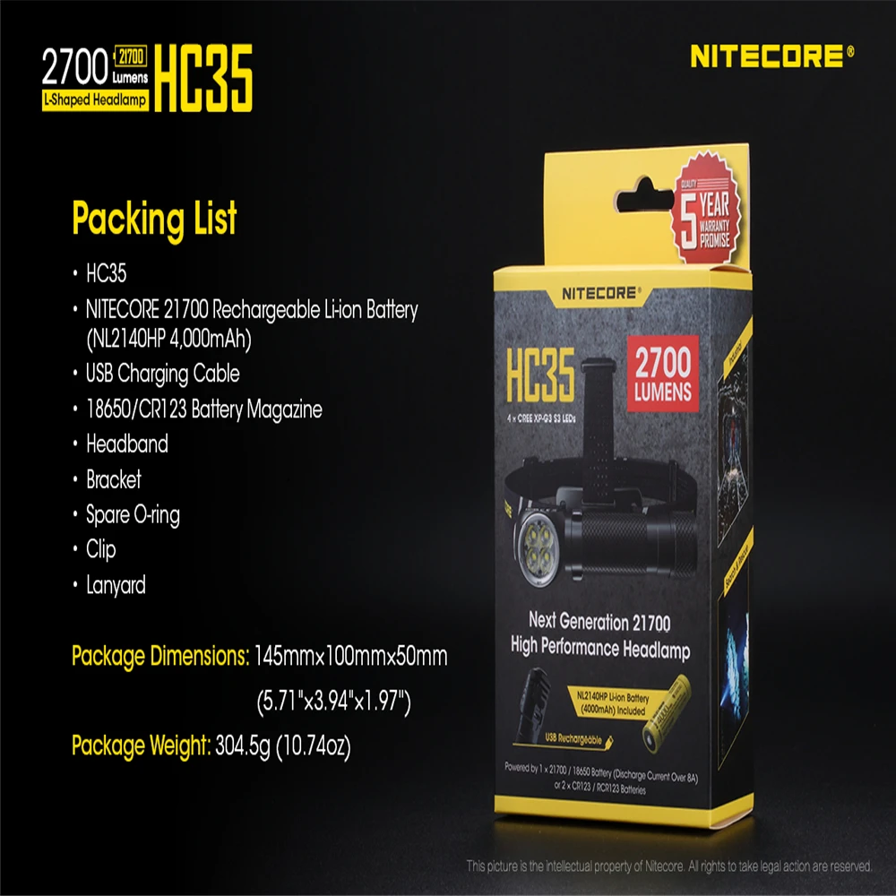 Оригинальный налобный фонарь Nitecore HC35 2700 люмен 4x CREE XP G3 S3 светодиоды следующего