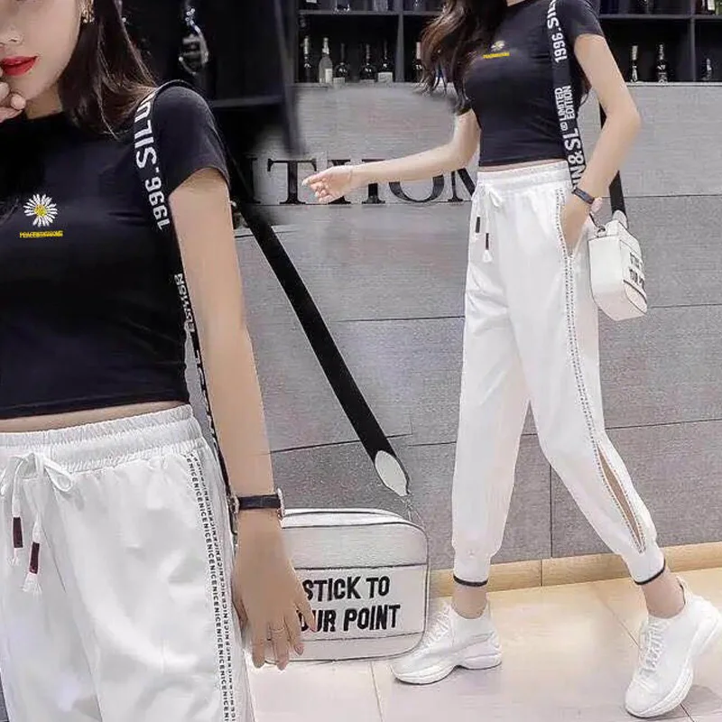 Женские белые спортивные брюки повседневные с высокой талией и разрезом