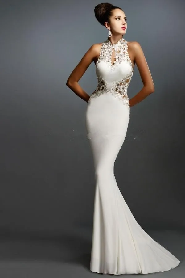 

Mermaid White Prom Dresses Halter Sleeveless Applique Elegant Evening Gowns Hole Back Formal Long Prom Dress Latest Design
