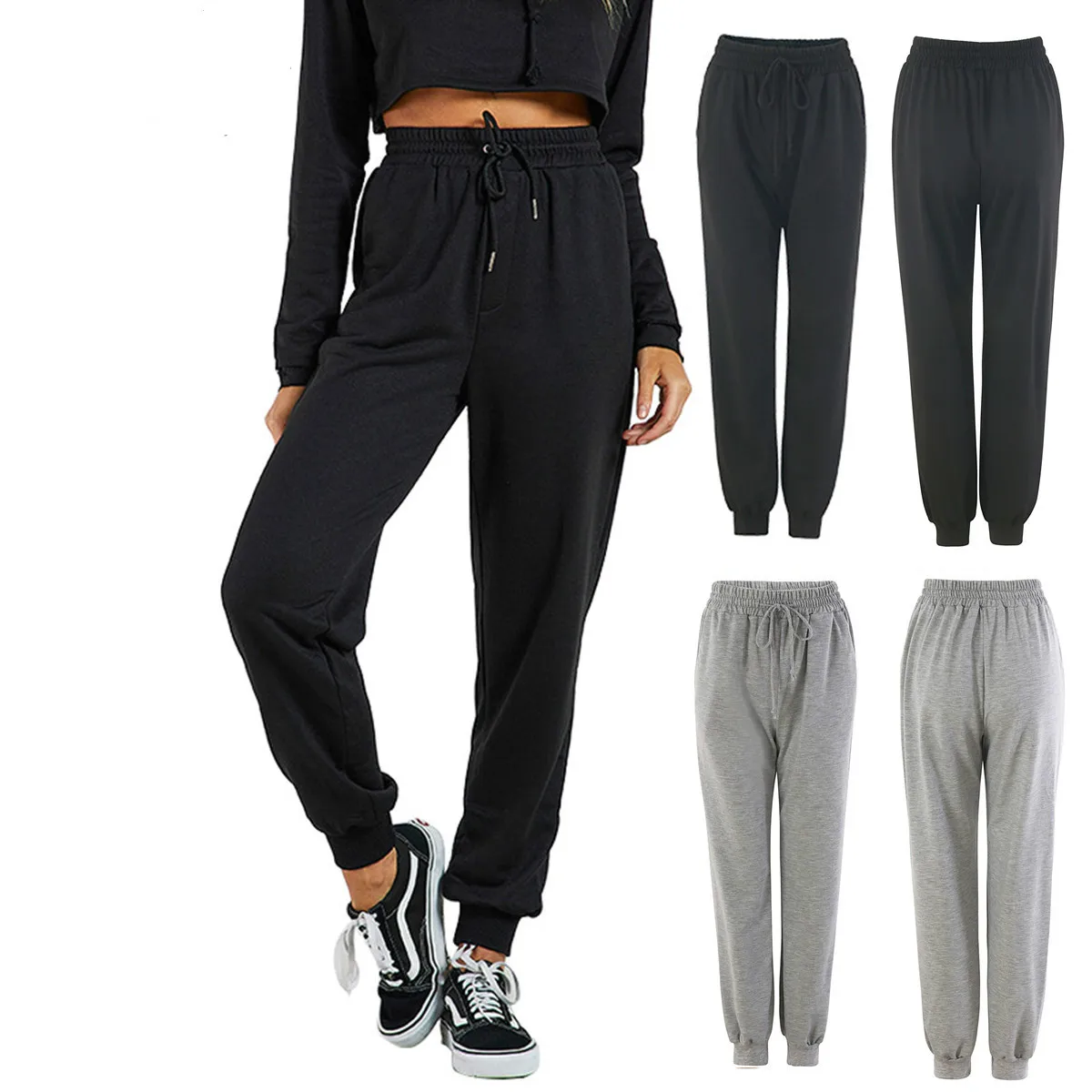 

Europe And America WOMEN'S Dress Pencil Hoodie Elastic Sports Casual Knit Skinny Trousers Streetwear Joggers Lace up Pants Women
