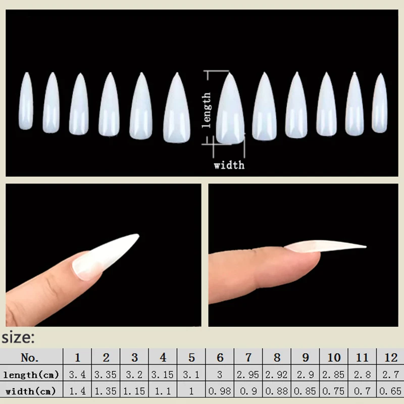 504 шт. длинные Типсы для ногтей Миндаля/тонкие наклейки, полное покрытие,12 размеров, прозрачные/натуральные