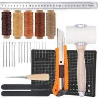 lmdz 27pcs leather craft tool kit large eye stitching needles stainless steel ruler cutting mat nylon hammer and other tools