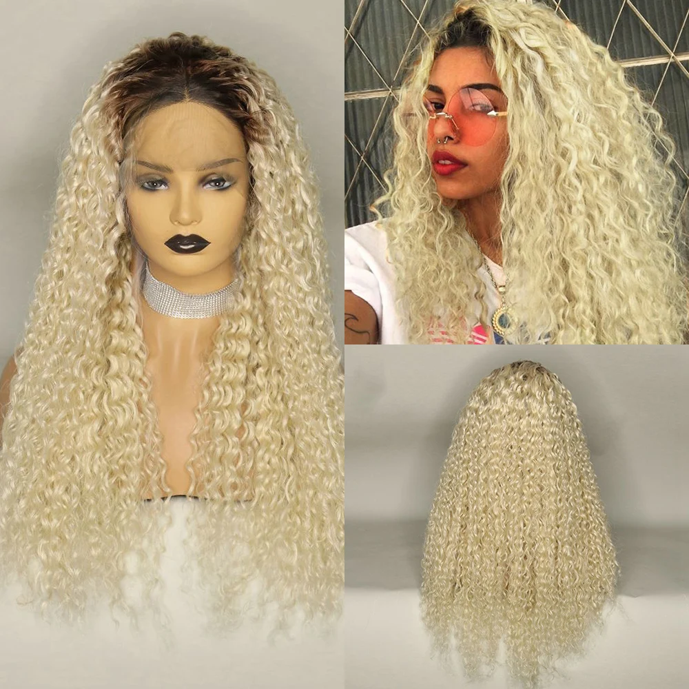 

Ombre Platinum Blonde Synthetic Lace Front Wig Loose Wave 20-24 Inch Kinky Curly Cosplay Wigs For Black Women OLEY Offer