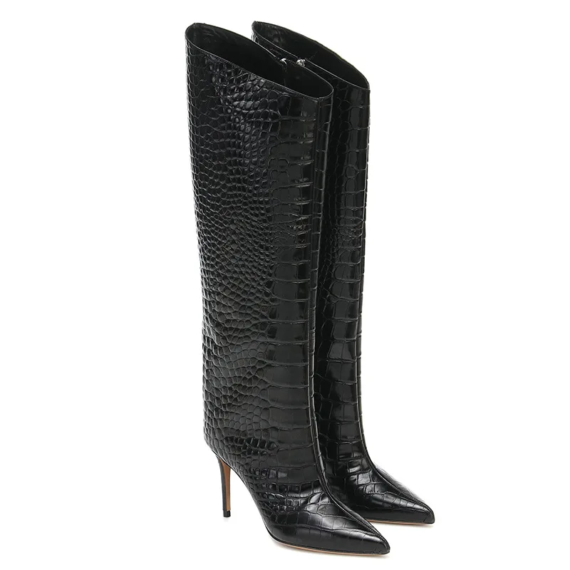 2021 Ladies Large Size Pointy Stiletto Heel Inside Full Zipper Knee High Boots Winter New Black and White Boots