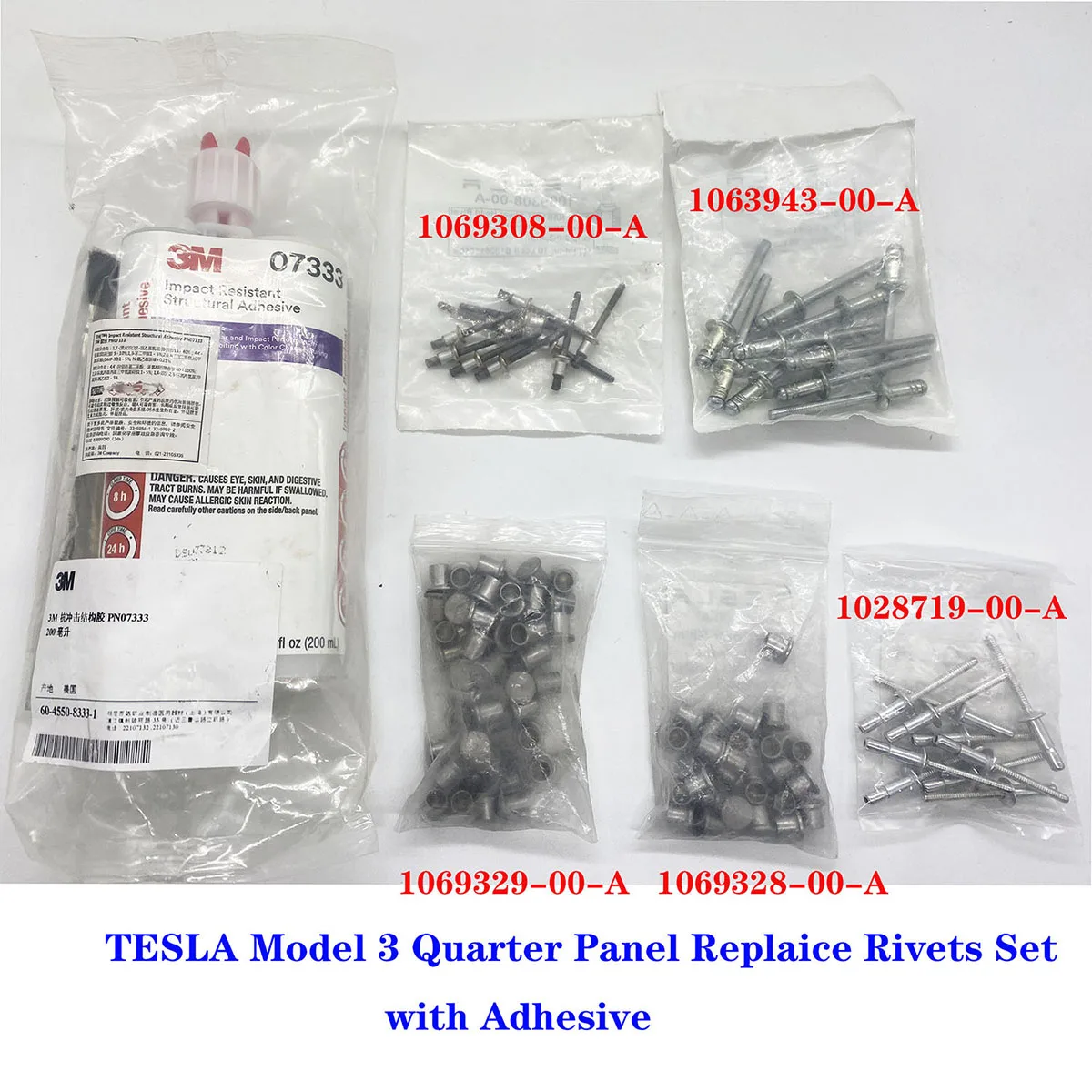 

For 17-21 TESLA Model 3 Quarter Panel Replaice Rivets Set with 3M Impact Resistant Structural Adhesive 1069308-00-A 1063943-00-A