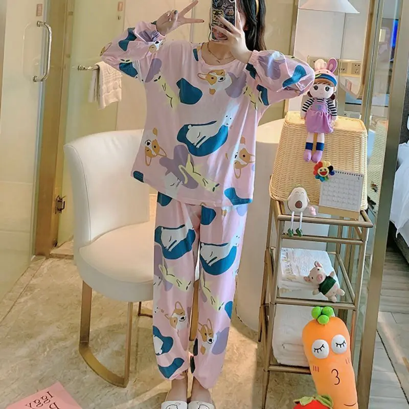 

Ladies Casual Loose Cute Cotton Home Wear Set Cartoon Long Sleeve 2-Piece Set