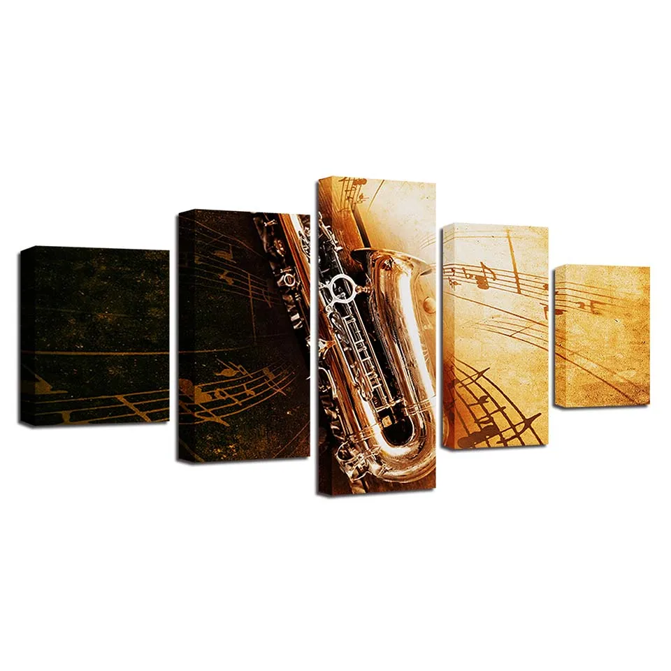 

Artwork Canvas Painting HD Prints Home Decor 5 Pieces Musical Instruments Wall Art Horn Modular For Living Room Pictures Poster
