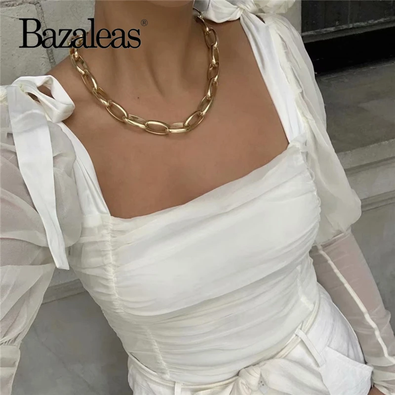 Bazaleas/Винтажные Женские топы и блузки с квадратным воротником и бантом; блузка в стиле ретро с оборками; модная блуза на молнии сзади; blusa feminina; Прямая